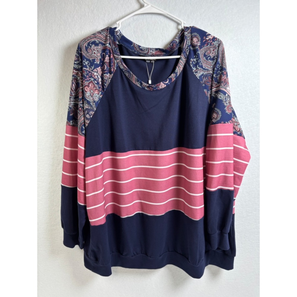 Bloomchic Navy Pink Striped Paisley Raglan Sweatshirt Plus Size 22-24 NWOT